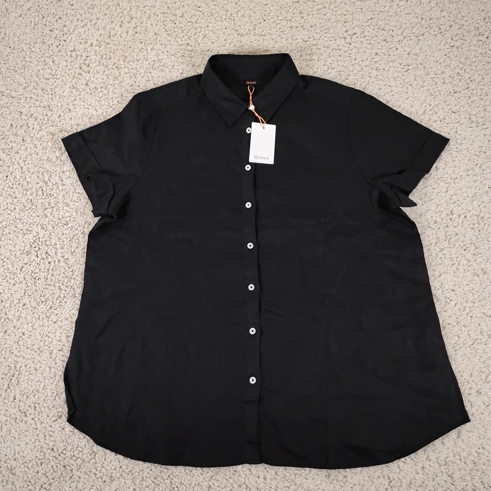 Quince Shirt Womens XL Black European Linen Short Sleeve Button Nursing Relaxed